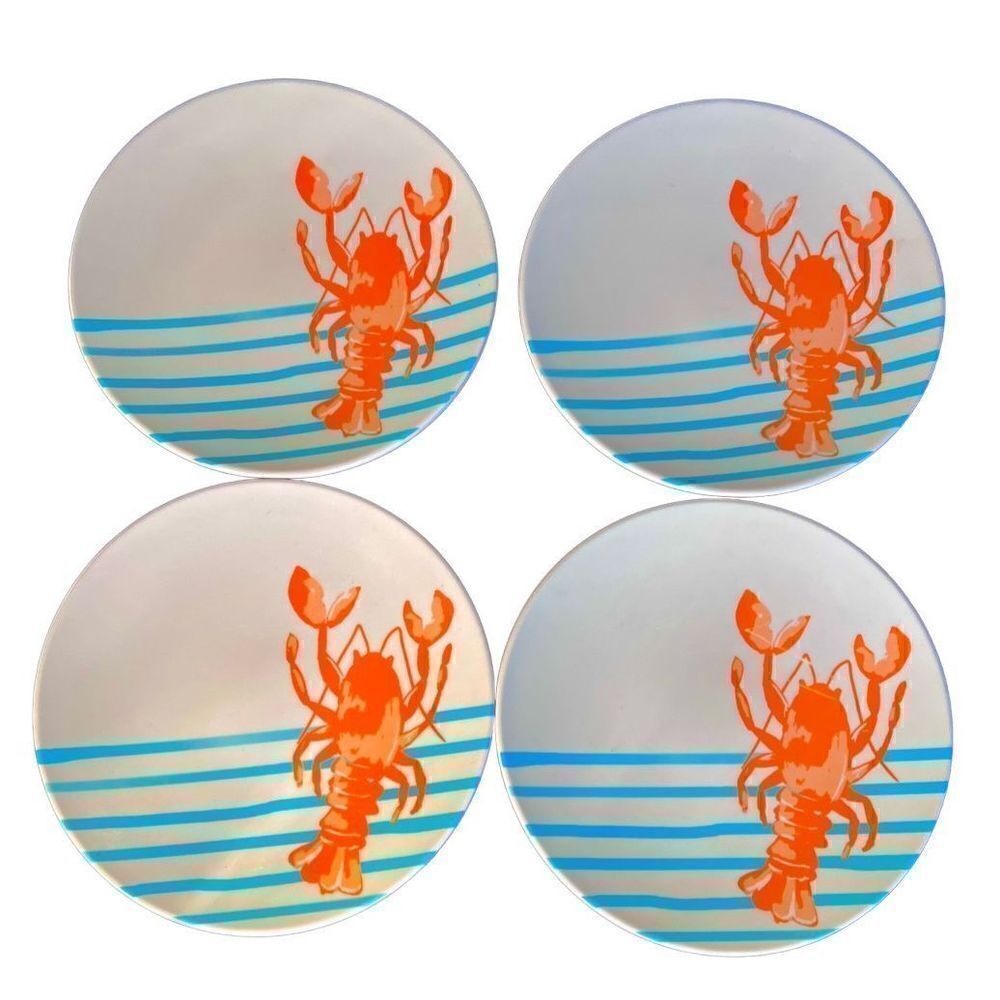 4-PIECE MELAMINE PLASTIC SET APPETIZER PLATES LOBSTER AQUA STRIPE DESIGN